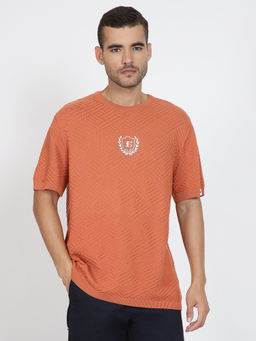 Ben Sherman - Men Peach Self Design Textured Cotton T-Shirt
