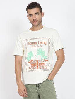 Ben Sherman - Men Off White Typography Printed Cotton T-Shirt