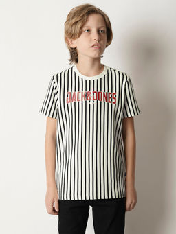 Jack & Jones Junior - Black Round Neck Yarn Dyed Stripes T-Shirt