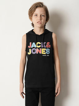 Jack & Jones Junior - Black Hooded Typography T-Shirt