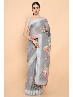 Soch - Women Grey Linen Floral Saree with Unstitched Blouse
