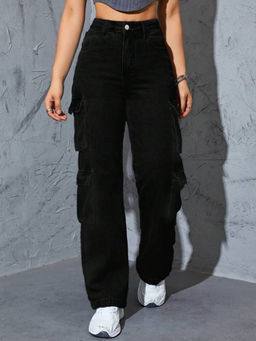 BROADSTAR - Women Black Straight Fit High-Rise Stretchable Cargo Jeans