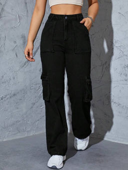 BROADSTAR - Women Black Straight Fit High-Rise Stretchable Cargo Jeans
