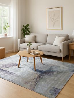 OBSESSIONS - Cream and Blue Solid Machine Made Rectangular Carpet