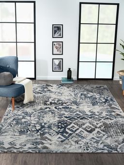 OBSESSIONS - Cream and Blue Solid Machine Made Rectangular Carpet