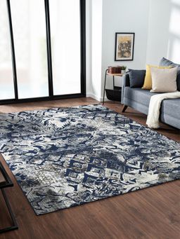 OBSESSIONS - Cream and Blue Solid Machine Made Rectangular Carpet
