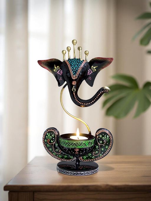 Golden Peacock Handcrafted and Handpainted Iron Ganesha Tea Light Candle Holder