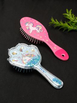 Stol'N - Unicorn Printed Oval & Star Glittery Hair Brushes-Pink, Skyblue (Pack of 2)