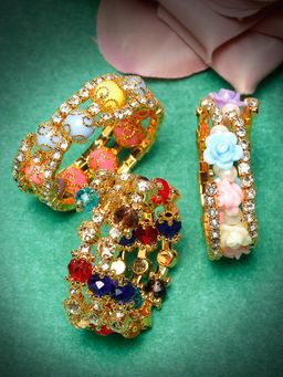 Stol'N - Stones & Flower Beads Embellished Bracelets - Golden (Pack of 3)