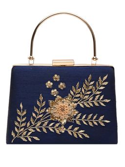 Horra - Embellished Navy Blue Silk Clutch (M)