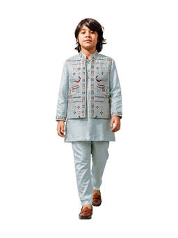 Hopscotch - Peacock Embroidery Kurta With Pyjama And Nehru Jacket