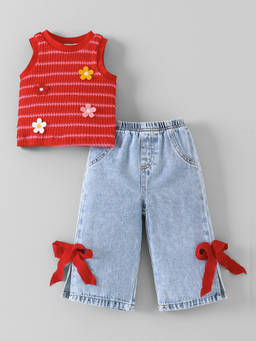 Hopscotch - Floral Applique Blouse And Straight Bow Denim Jeans