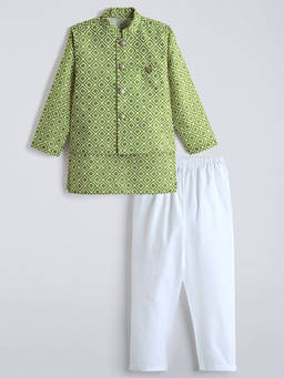 Hopscotch - Geometric Print Kurta With Pyjama And Nehru Jacket