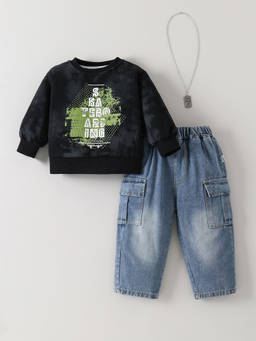 Hopscotch - Typography Sweatshirt And Jeans Set