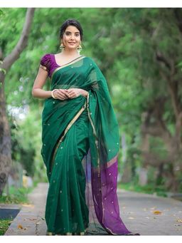 Anjaneya Sarees - Green-Purple Woven Designer Cotton Silk Kanjivaram Saree with Unstitched Blouse