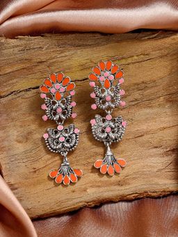 Estele - Rhodium Plated Oxidised Orange and Pink Meenakari Earrings with Enamel for Women