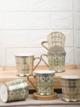 Femora - Traditional Leaves Pattern Fine Bone China Golden Tea Cups 160Ml - 6 Pcs Set