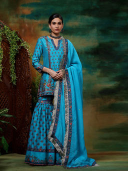 SAMVRIH - Blue Neel Sitara Sharara with Kurta and Dupatta (Set of 3)