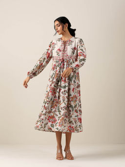 SAMVRIH - Off White Floral Print Midi Dress