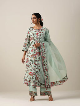 SAMVRIH - Green Jaal Kurta with Pant and Dupatta (Set of 3)