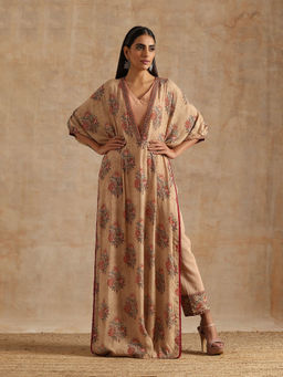 SAMVRIH - Beige Badami Big Boota Kaftan with Pant (Set of 2)