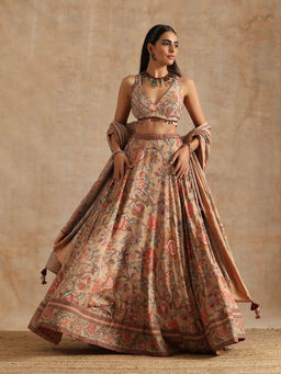 SAMVRIH - Beige Badami Jaal Print Lehenga with Blouse and Dupatta (Set of 3)