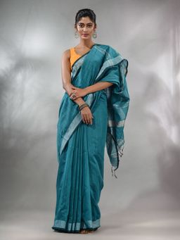 CHARUKRITI - Teal Cotton Silk Handwoven Saree with Zari Woven Stripes Pallu & Unstitched Blouse