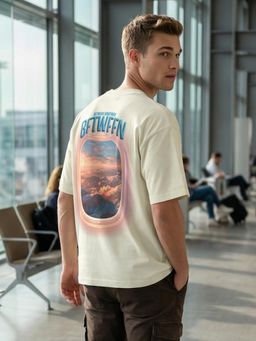 Nobero - Off White Printed Oversized Fit T-shirt