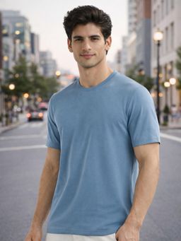 Nobero - Blue Solid Regular Fit T-shirt