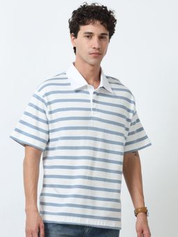 Espanshe - White Stripes Oversized Fit Polo T-Shirt