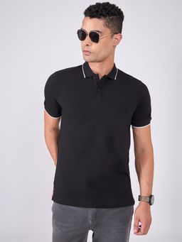 Espanshe - Black Solid Regular Fit Polo T-Shirt