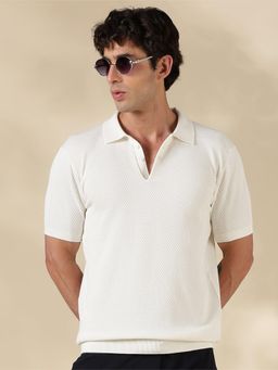 MR BUTTON - White Self Design Slim Fit Polo T-shirt