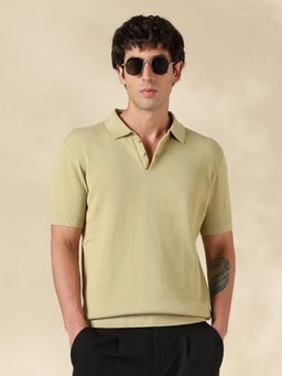 MR BUTTON - Olive Self Design Slim Fit Polo T-shirt