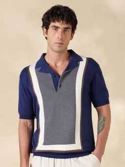 MR BUTTON - Navy Blue Self Design Slim Fit Polo T-shirt