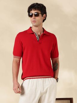 MR BUTTON - Red Solid Slim Fit Polo T-shirt
