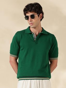 MR BUTTON - Green Solid Slim Fit Polo T-shirt
