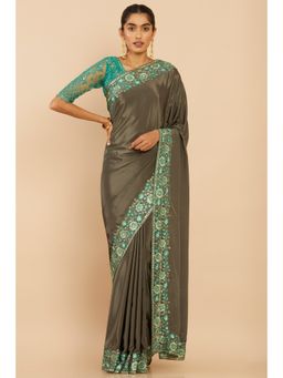 Soch - Women Olive Georgette Embellished & Sequined Saree with Unstitched Blouse