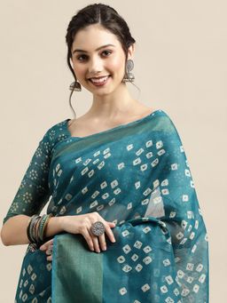 Sareemall - Teal Blue Casual Semi Linen Printed Saree with Unstitched Blouse with Unstitched