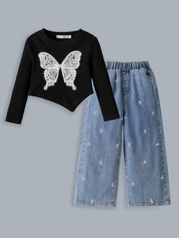 Hopscotch - Lace Butterfly Applique Top With Jeans