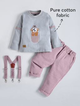 Hopscotch - Monkey Applique Cotton T-Shirt With Pant & Suspender