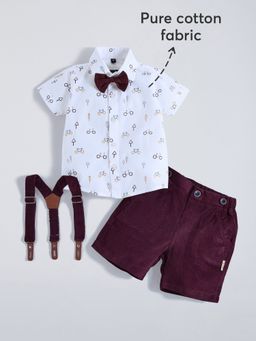 Hopscotch - Maroon Bicycle Cotton Shirt With Short Bow & Suspender