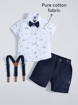 Hopscotch - Blue Bicycle Cotton Shirt With Short Bow & Suspender