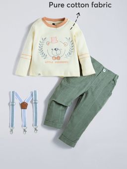 Hopscotch - Yellow Teddy Embroidered Cotton Pant With T-Shirt & Suspender