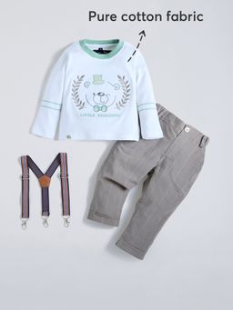Hopscotch - Blue Teddy Embroidered Cotton Pant With T-Shirt & Suspender