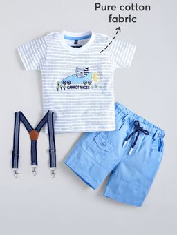 Hopscotch - Blue Racoon Embroidered T-Shirt With Short & Suspender