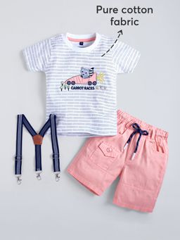 Hopscotch - Pink Racoon Embroidered T-Shirt With Short & Suspender