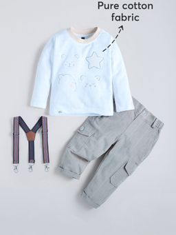 Hopscotch - Blue Embroidered T-Shirt With Pant & Suspender