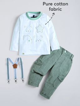 Hopscotch - Green Embroidered T-Shirt With Pant & Suspender