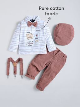 Hopscotch - Mauve Applique T-Shirt With Pant & Suspender Bow Cap