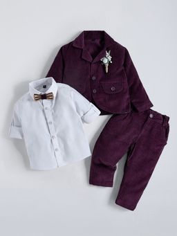 Hopscotch - Textured Cotton Shirt With Pant & Blazer Bow